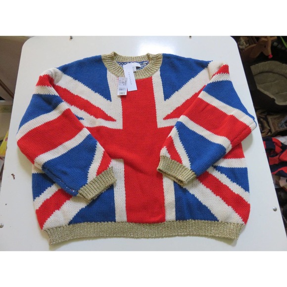 Topshop Sweaters - Topshop Union Jack Flag Sweater Gold Metallic Trim Red White Blue Size M NEW